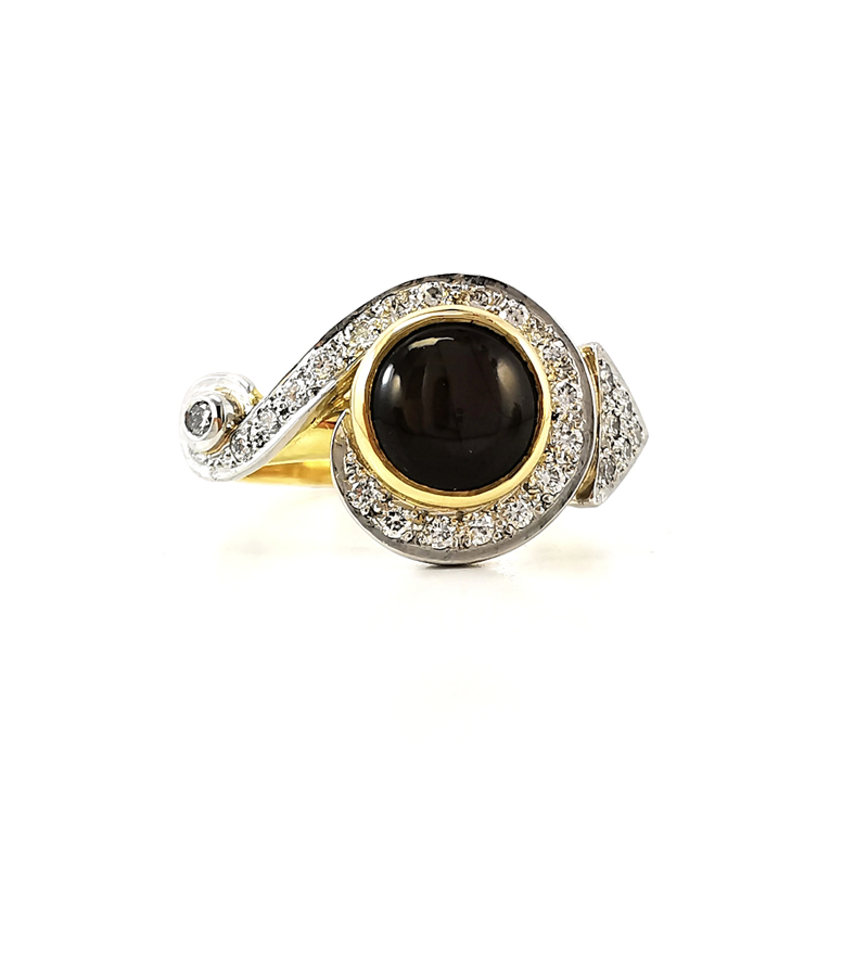 Scroll art deco style ring, black star sapphire, diamond ring, 1.74ct platinum and yellow gold, fancy rings, rare and fancy, cocktail rings, Melbourne jeweller, Eltham jeweller, buy rings online, jewellery website, Australia