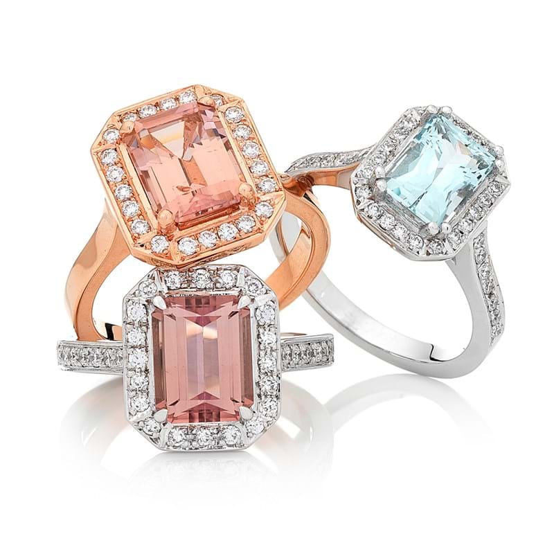 Semi-precious gemstone and diamond halo rings, Melbourne Australia