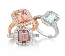 Halo art deco gemstone rings, Melbourne Australia
