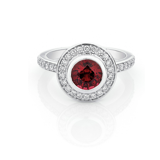 Red spinel round gemstone ring with diamond halo and shoulders, handcrafted, gemstone, engagement ring, anniversary ring, Eltham, Melbourne, Australia
