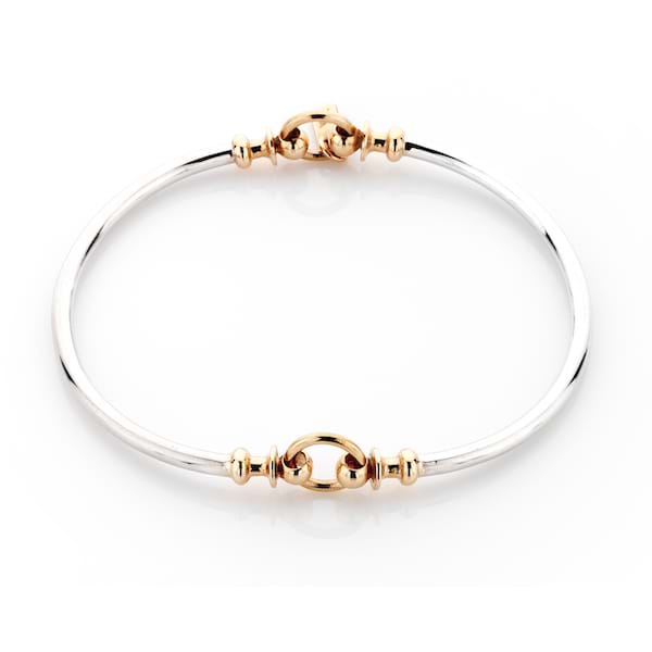 Handcrafted rose gold and sterling silver two-tone solid handcrafted Thistle Link designer bangle, everyday jewellery, Melbourne Australia