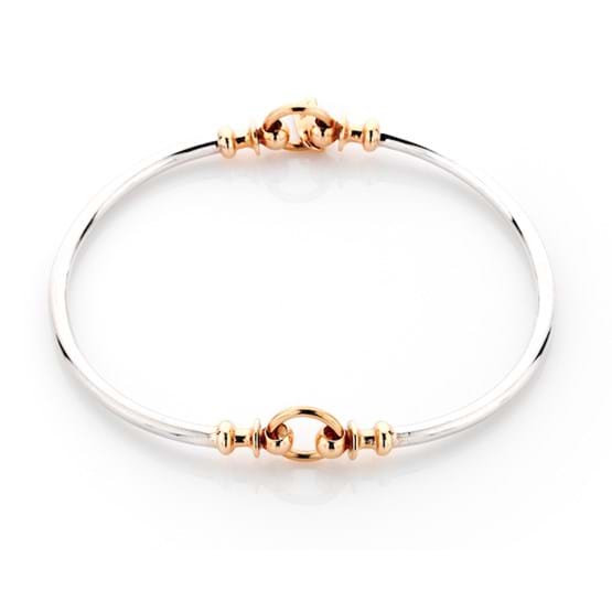 Handcrafted rose gold and sterling silver two-tone solid handcrafted Thistle Link designer bangle, everyday jewellery, Melbourne Australia