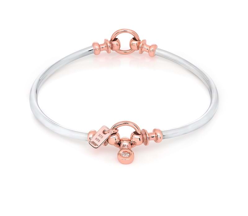 Two-tone solid sterling silver and rose gold bangle, jewellery shop online, jewellery shopping, jewellery website, Eltham jeweller, Melbourne jewellers, Diamond charms, bangle and bracelet charms, jewellery store online, jewellery website, jewellery 