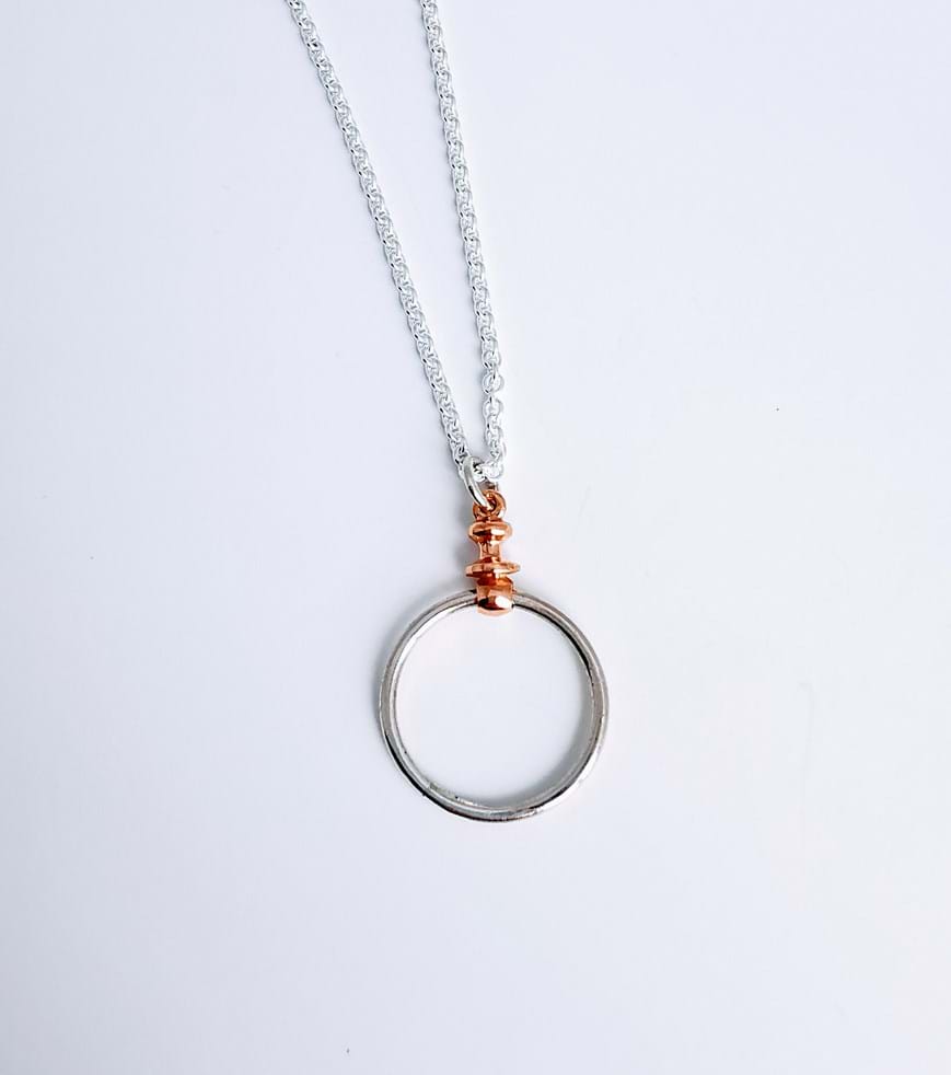 Handcrafted loop circle pendant, two-tone jewellery, buy jewellery online, Eltham jeweller, Melbourne, Australia
