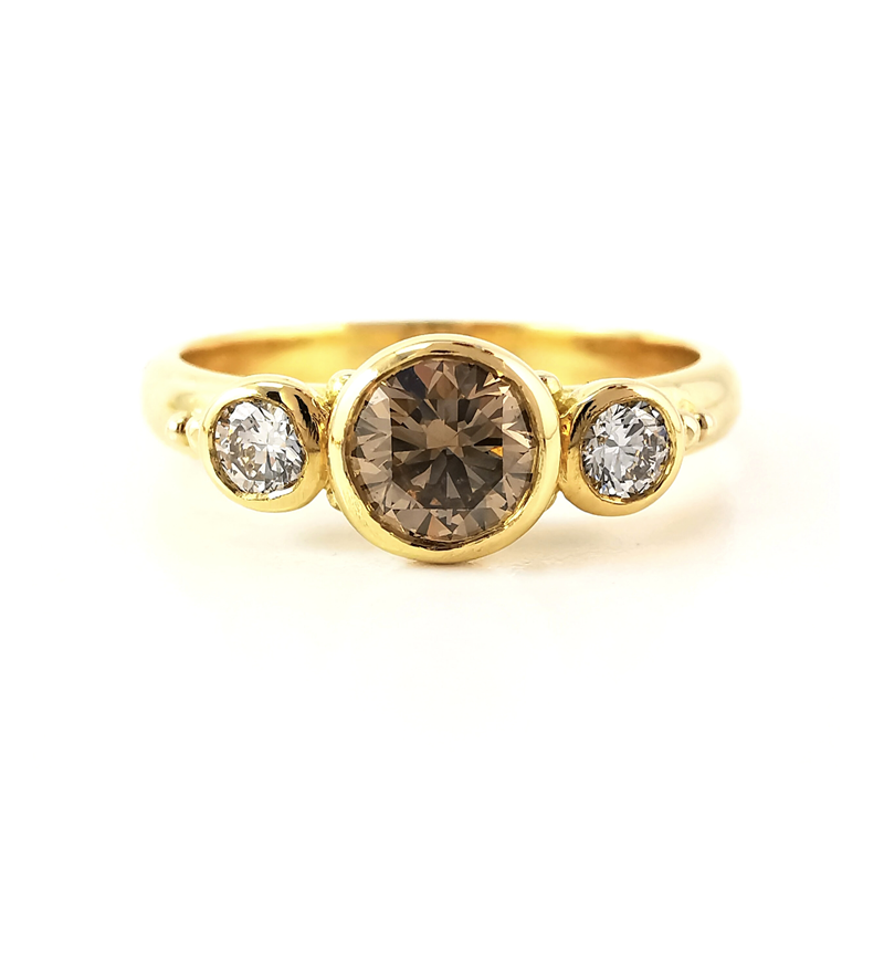 Three stone cognac and diamond ring, brilliant round centre stone cognac diamond, yellow, anniversary ring, engagement ring, handcrafted, Eltham, Melbourne, Australia, trilogy rings, trilogy ring designs