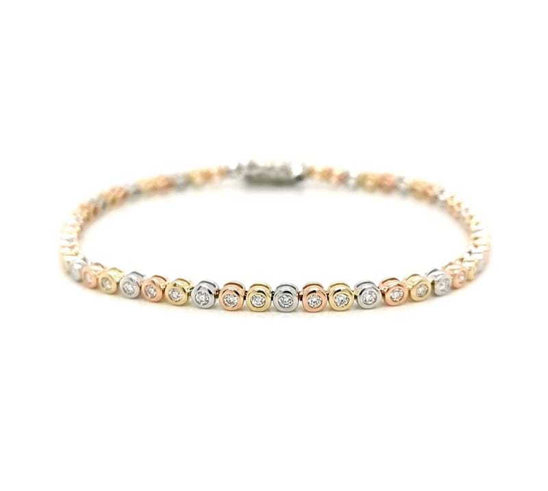 Tri-colour diamond bezel set tennis bracelet, rose gold, yellow gold, white gold, bangle, bracelet, diamond jewellery, everyday diamonds, Eltham jeweller, Melbourne
