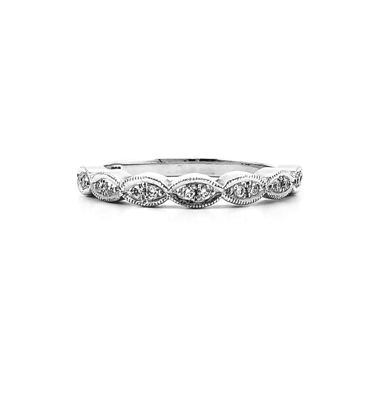 Diamond band with milgrain marquise shaped setting, art deco style, in white gold, Melbourne Australia, diamond rings, stacking bands, stackables, eternity rings, wedding rings, Eltham jeweller