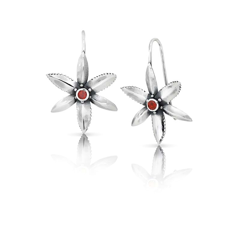Chocolate lily design flower earrings with garnets, Eltham, Melbourne, Australi