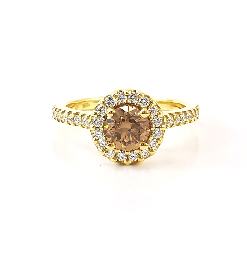Cognac round brilliant diamond with diamond halo, engagement ring, yellow gold, engagement rings, dress ring, natural coloured diamonds, wedding anniversary rings, Eltham jewellers, Melbourne jewellers, Australia, engagement ring shopping, ideas