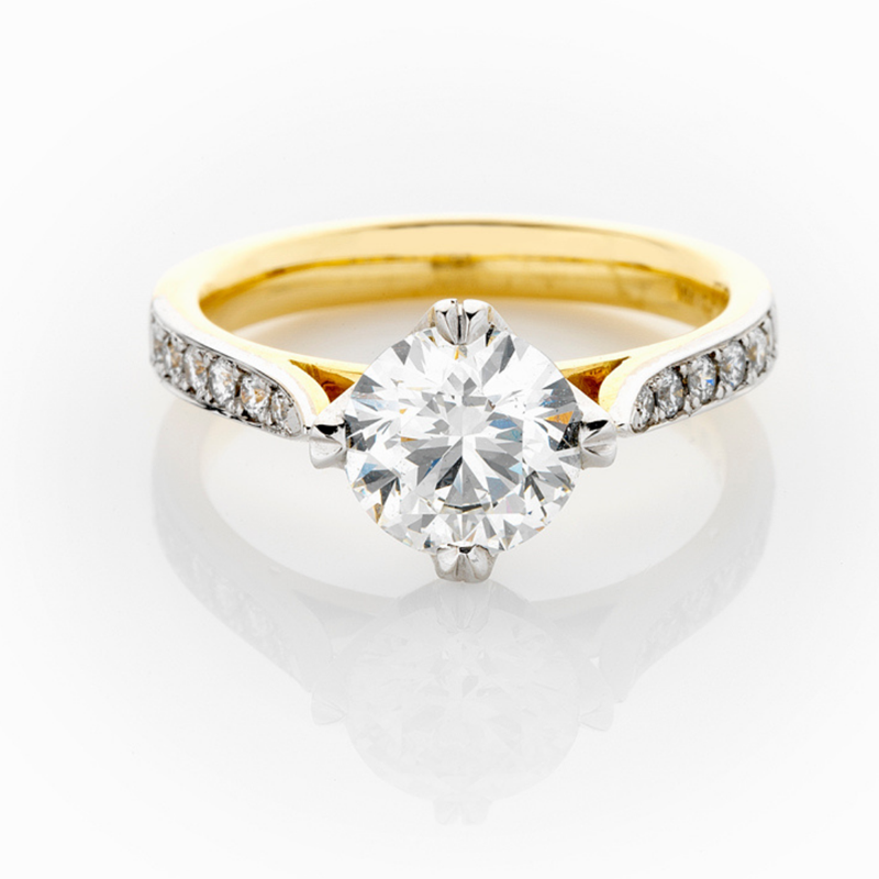 Always diamond engagement ring, four claw solitaire with diamond shoulders, white and yellow gold, beautiful rings, Melbourne Australia