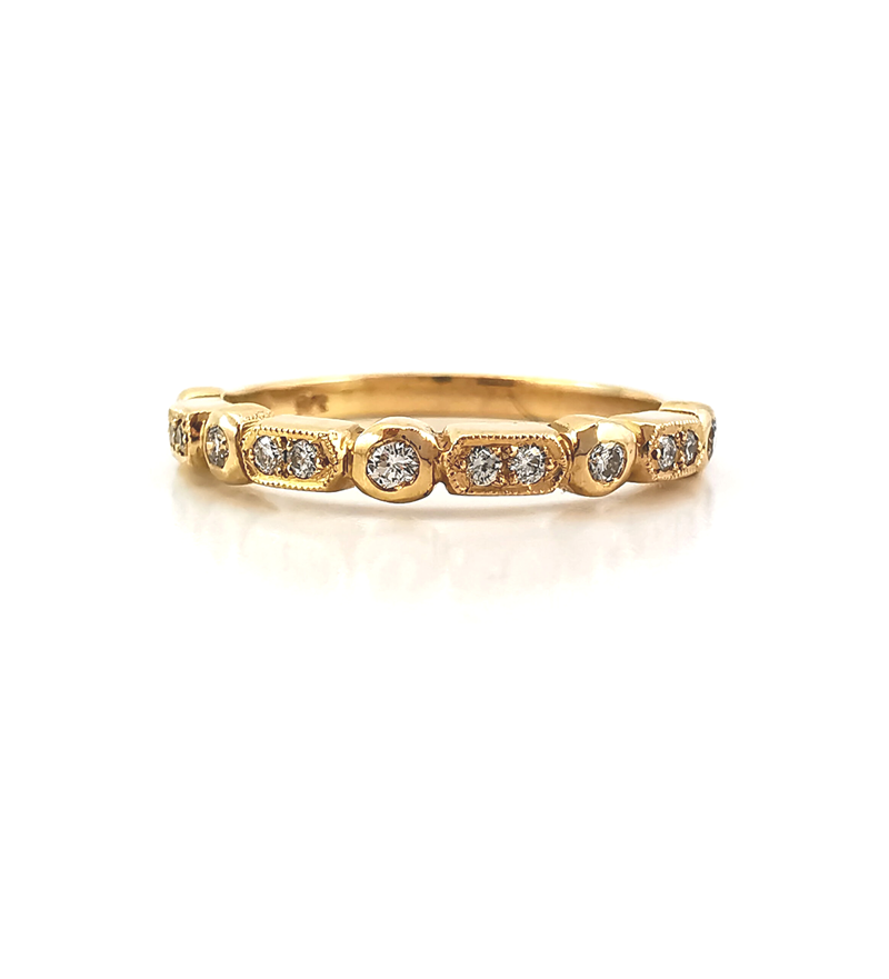Vintage style diamond band with milgrain hexagonal and round settings in yellow gold, stacker band, Melbourne Australia